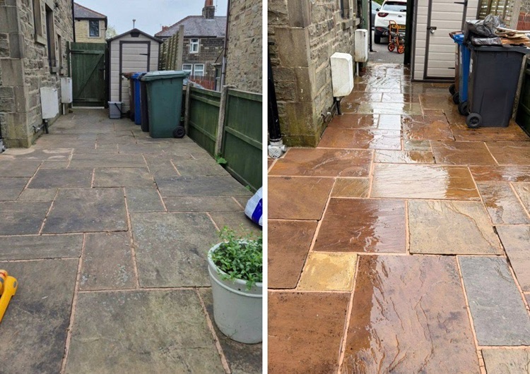 Indian Stone paving cleaning at property in Bacup Rossendale.
