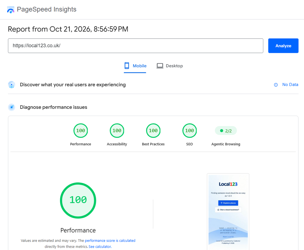 Google speedtest on lighthouse for local123.co.uk